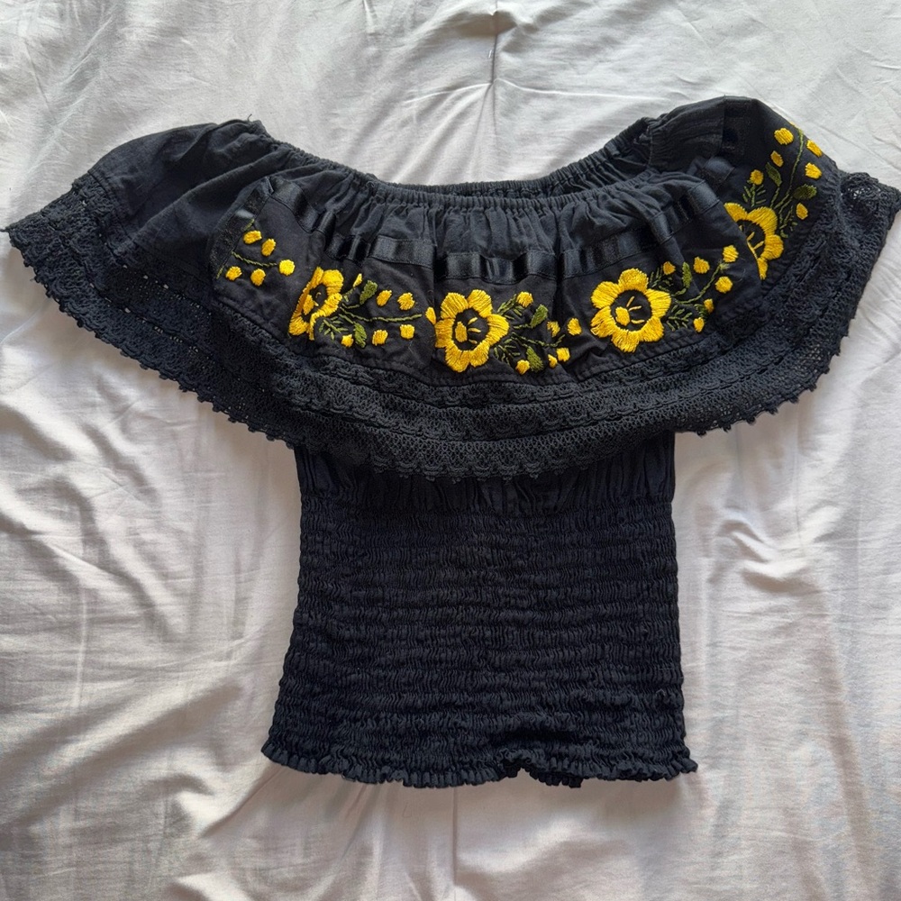 Women’s Black Off-Shoulder Smocked Top with Yellow Floral Embroidery